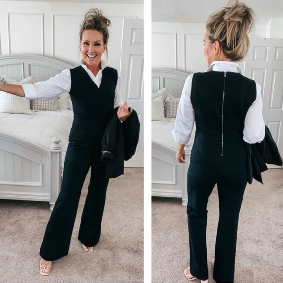 Spanx Perfect Sleeveless Jumpsuit Black 1X Wide Leg Shaping V-Neck Career Chic - Picture 9 of 16